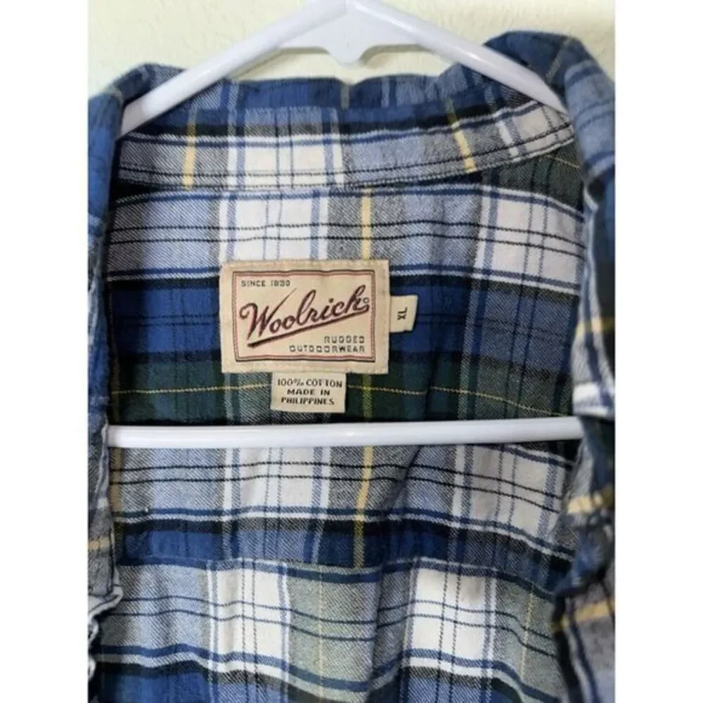 Woolrich Plaid Light Flannel Shirt Button Up Blue Green Long Sleeve Size X LARGE